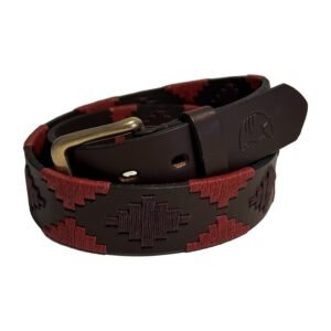 Cinturón polo argentino de cuero marrón bordado bordó claro y oscuro – Mulita
